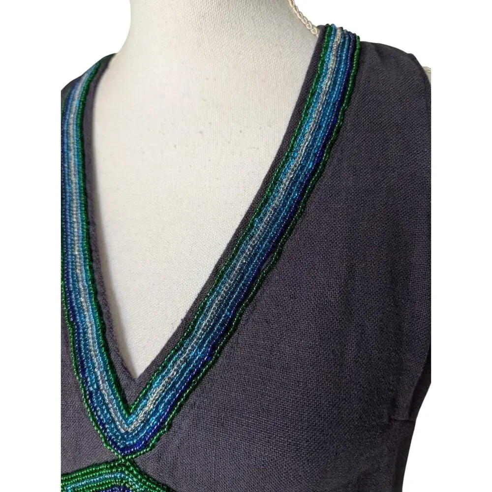 Tory Burch 100% Linen Navy Blue Beaded Fish V Neck Top Size 2 Sleeveless